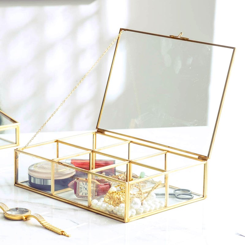 Levilan Golden Vintage Glass Box Clear Glass & Brass Metal Storage Jewelry and Cosmetic Makeup Lipstick Holder Organizer Beauty Display, 6 Compartment - Image 2